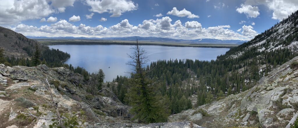 A hike to Hidden Falls, Inspiration Point and into Cascade Canyon in Grand Teton National Park. View of Jenny Lake from Inspiration Point in the Grand Teton National Park, Wyoming.