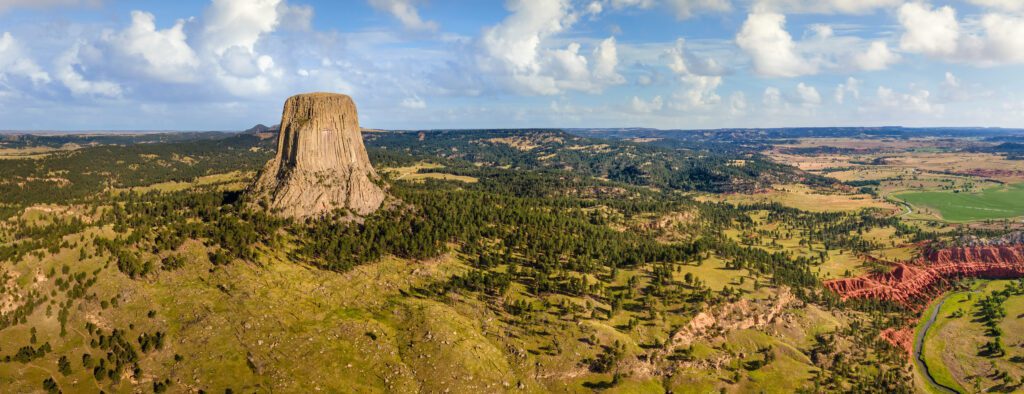 Panorama view at Devils Tower National Monument with the red cliffs - Wyoming