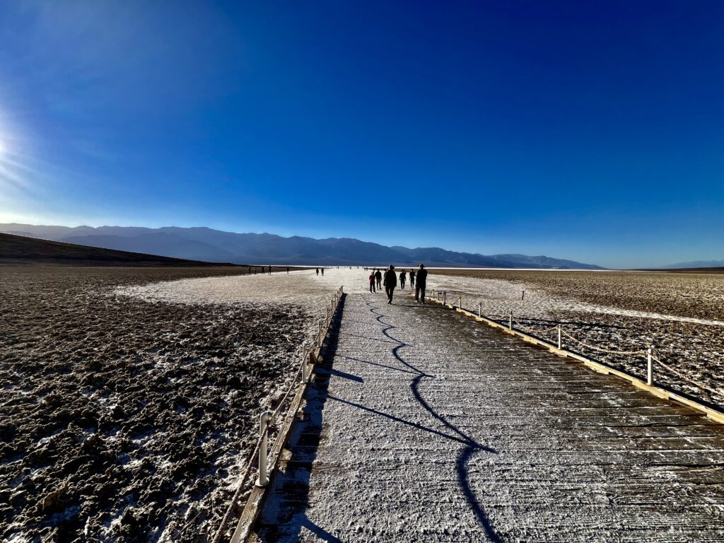 The boardwalk leading out to the salt flats at Bad Water Basin in Death Valley National Park.