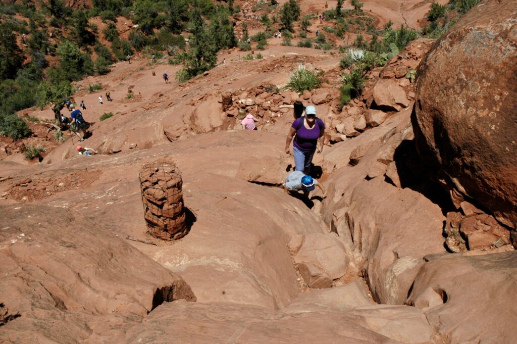 You can see how steep, exposed and popular the Cathedral Rock hike is in this picture.